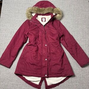 GAP Parka Women L Sherpa Lined Burgundy Faux Fur Hooded Jacket Coat Y2K
